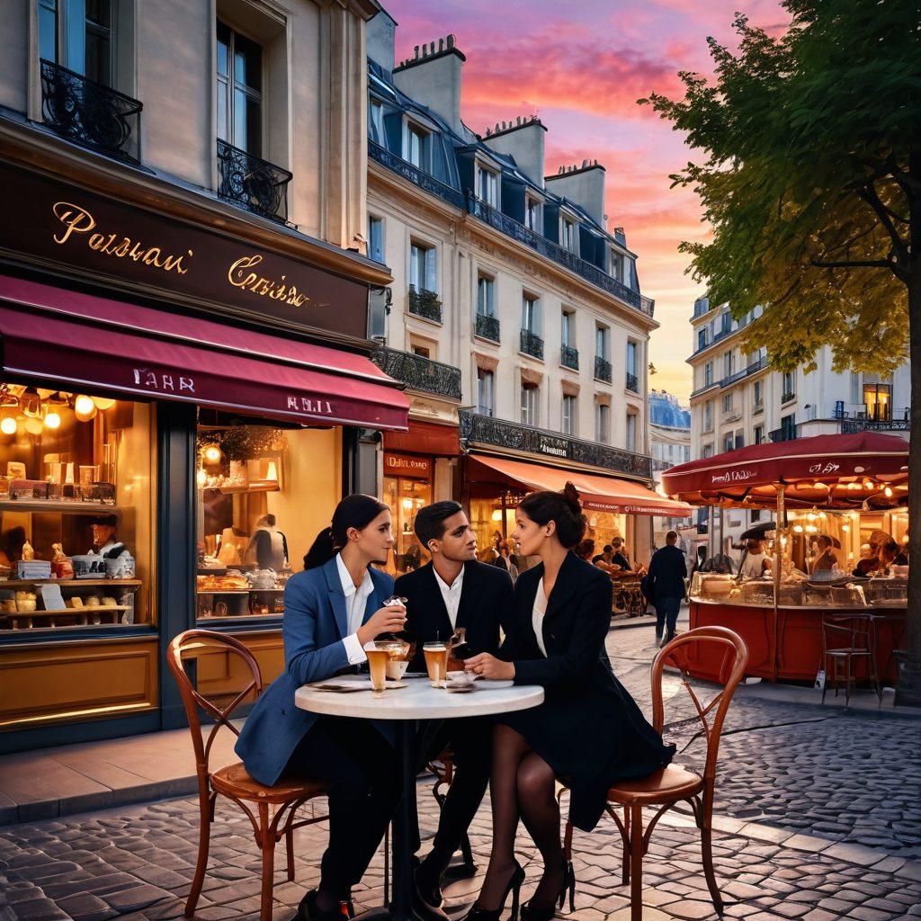 A stylish Parisian street scene, featuring a fashionable couple sipping espresso at a sidewalk café, surrounded by iconic Parisian architecture. In the background, a vibrant street market showcases exquisite culinary delights and elegant fashion boutiques. The essence of Parisian culture is captured in warm sunset hues. super-realistic. vibrant colors. 3D.