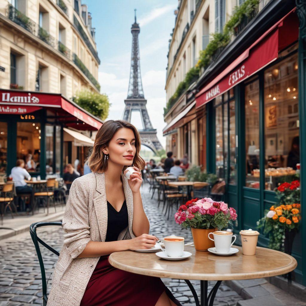 A stylish Parisian street scene featuring a fashionable woman wearing a trendy outfit, sipping coffee at an outdoor cafe. Include iconic Paris landmarks in the background, like the Eiffel Tower and charming cobblestone streets. Add colorful flowers and vibrant shop signs to enhance the cultural feel. The atmosphere should be lively, reflecting a blend of fashion and culinary delights. vibrant colors. super-realistic.